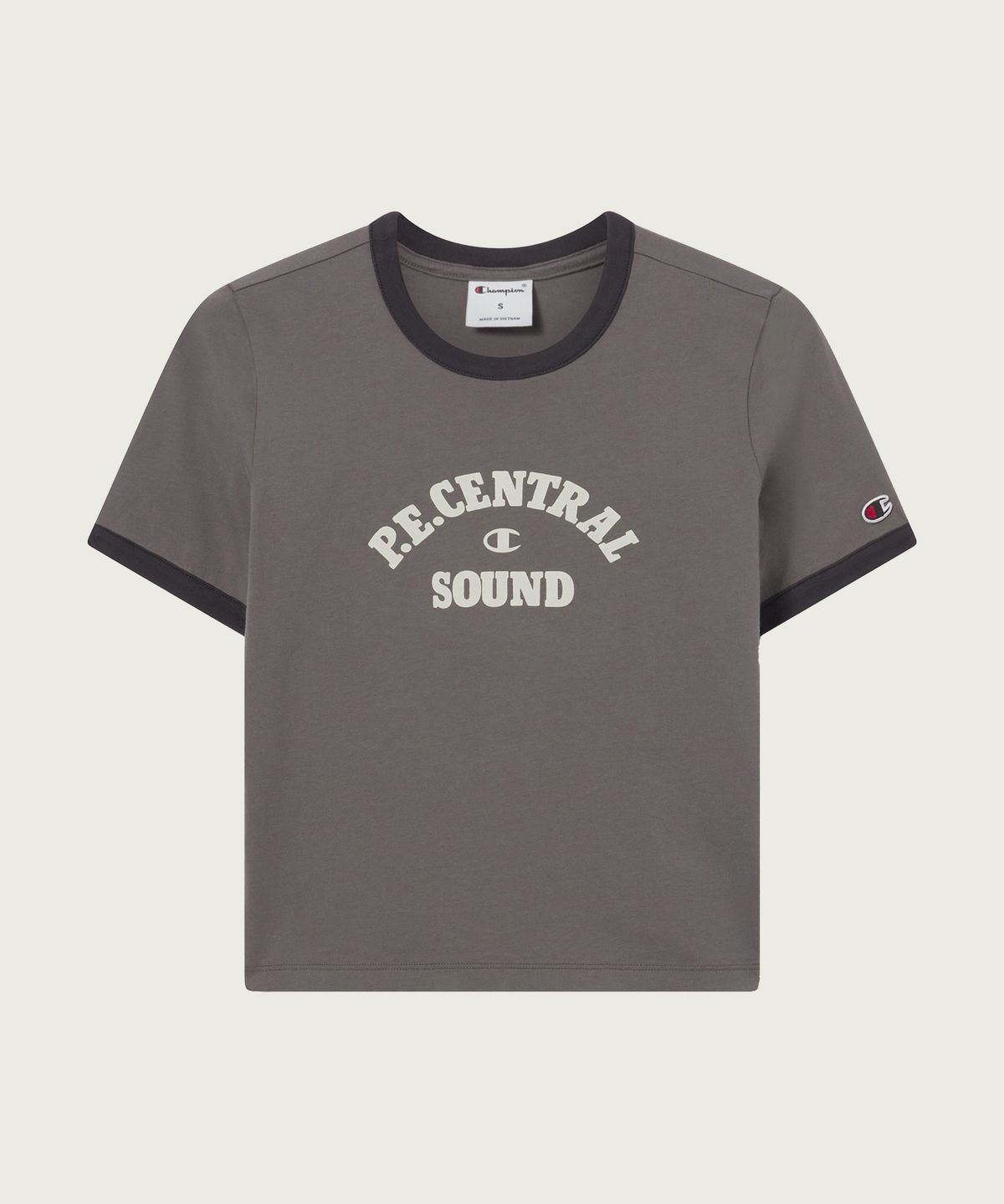 챔피온(CHAMPION) 여성 스포츠 팀 로고 크롭 링거 티셔츠 Charcoal