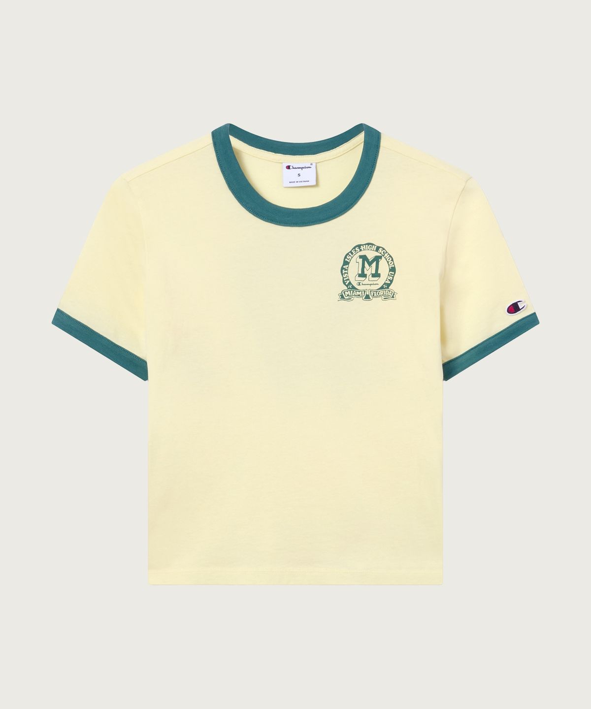 챔피온(CHAMPION) 여성 스포츠 팀 로고 크롭 링거 티셔츠 Yellow