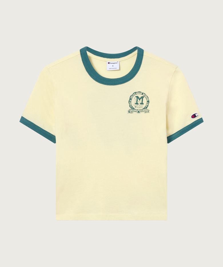여성 스포츠 팀 로고 크롭 링거 티셔츠 Yellow
