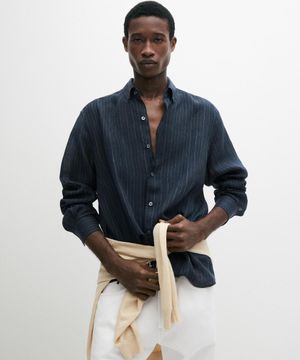 Striped shirt with button-down collar, 100% linen