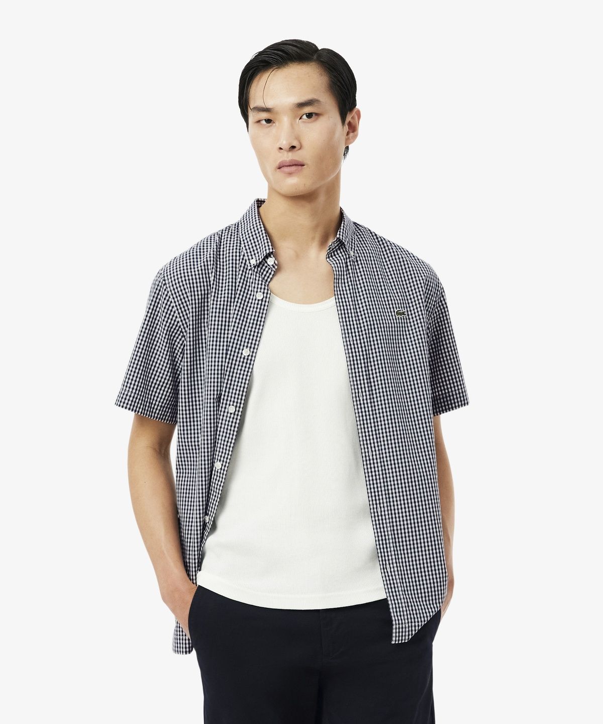 라코스테(LACOSTE) 남성 라이트 포플린 깅업 체크 반팔 셔츠 CH2346-56G 522