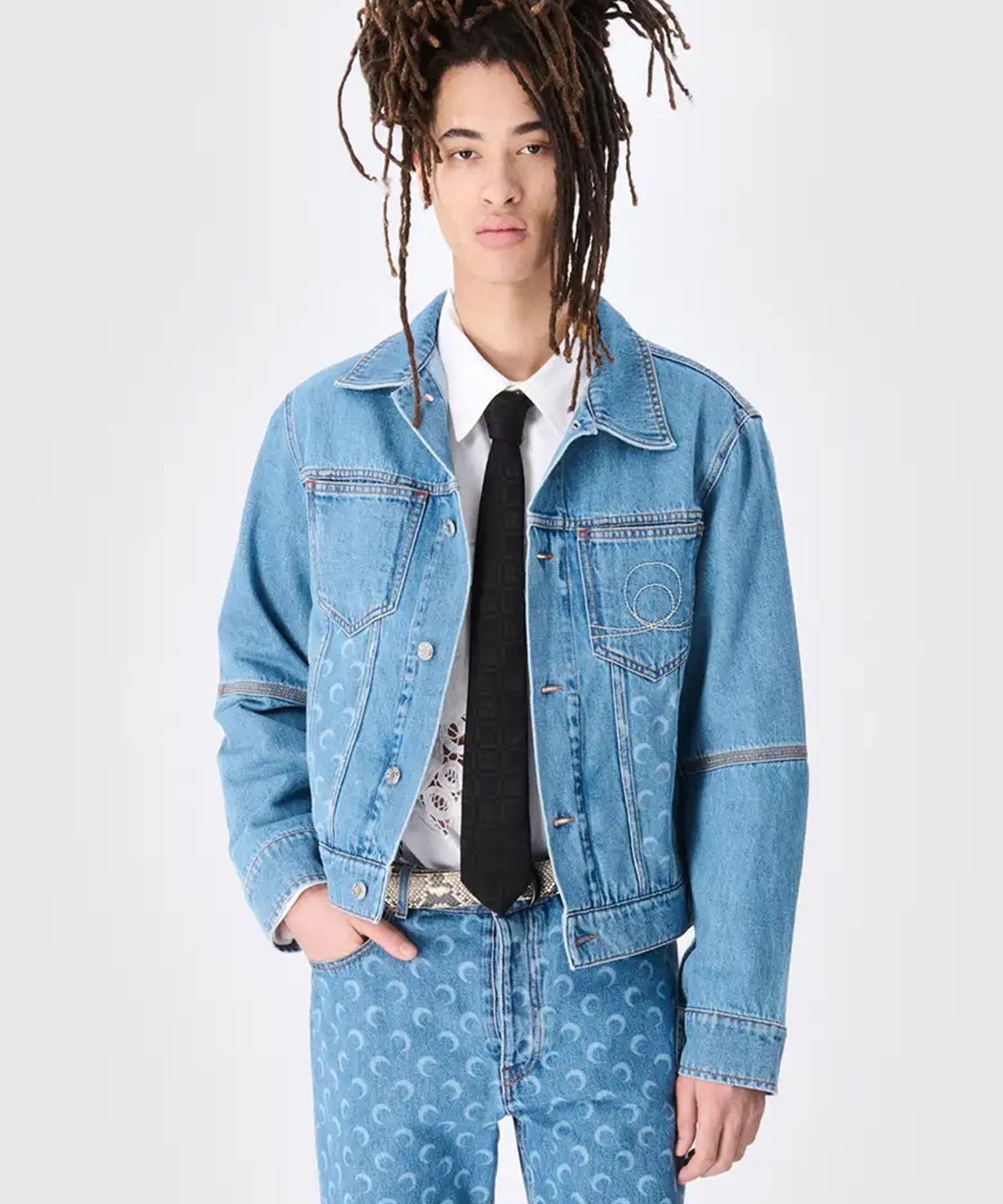 마린 세르(MARINE SERRE) (M) 문 레이저 데님 트러커 자켓 라이트 블루 MOON LASER DENIM TRUCKER JACKET LIGHT BLUE