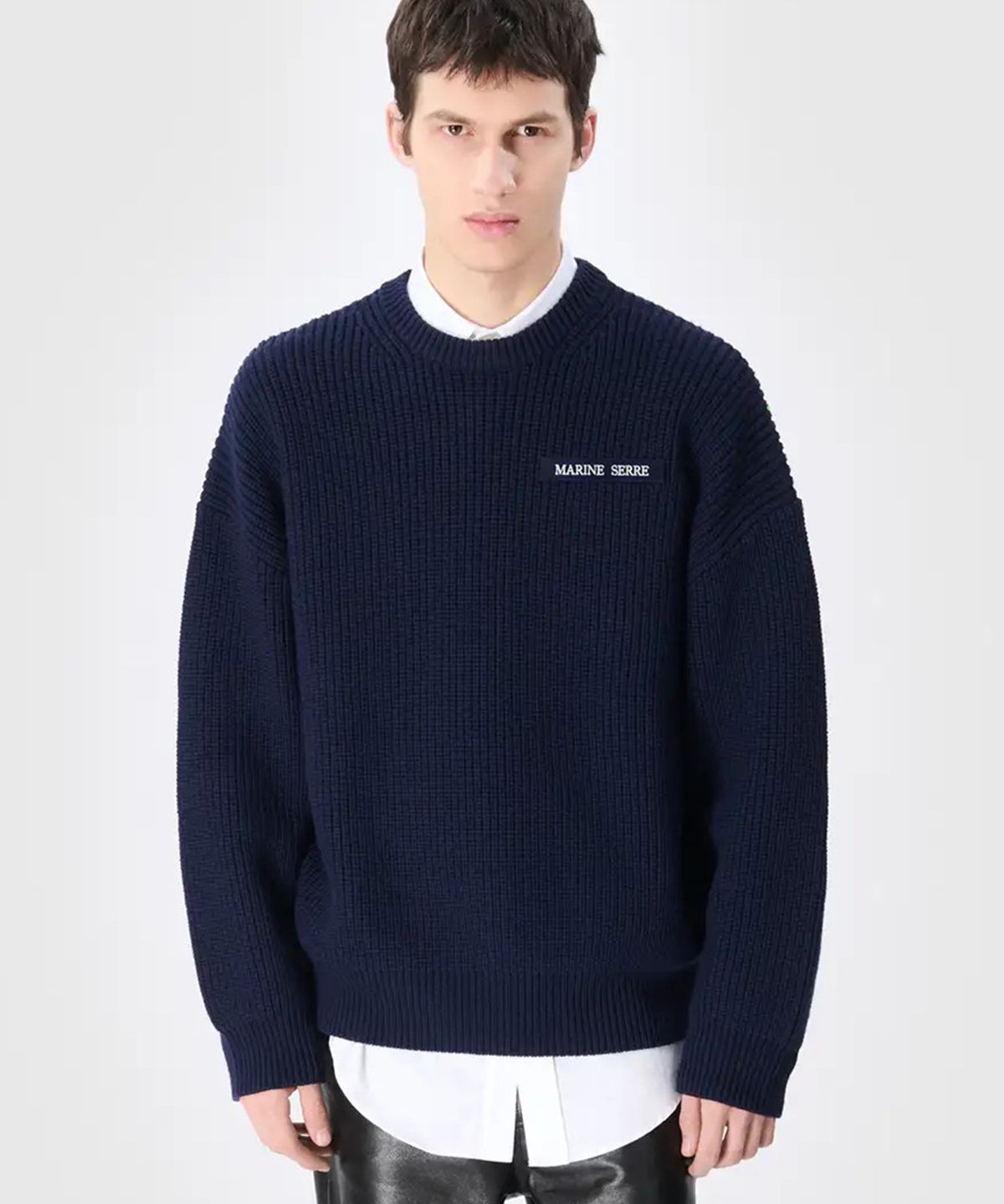 마린 세르(MARINE SERRE) (U) MS 하프 카디건 니트 크루넥 스웨터 네이비 MS HALF CARDIGAN KNIT CREWNECK SWEATER NAVY
