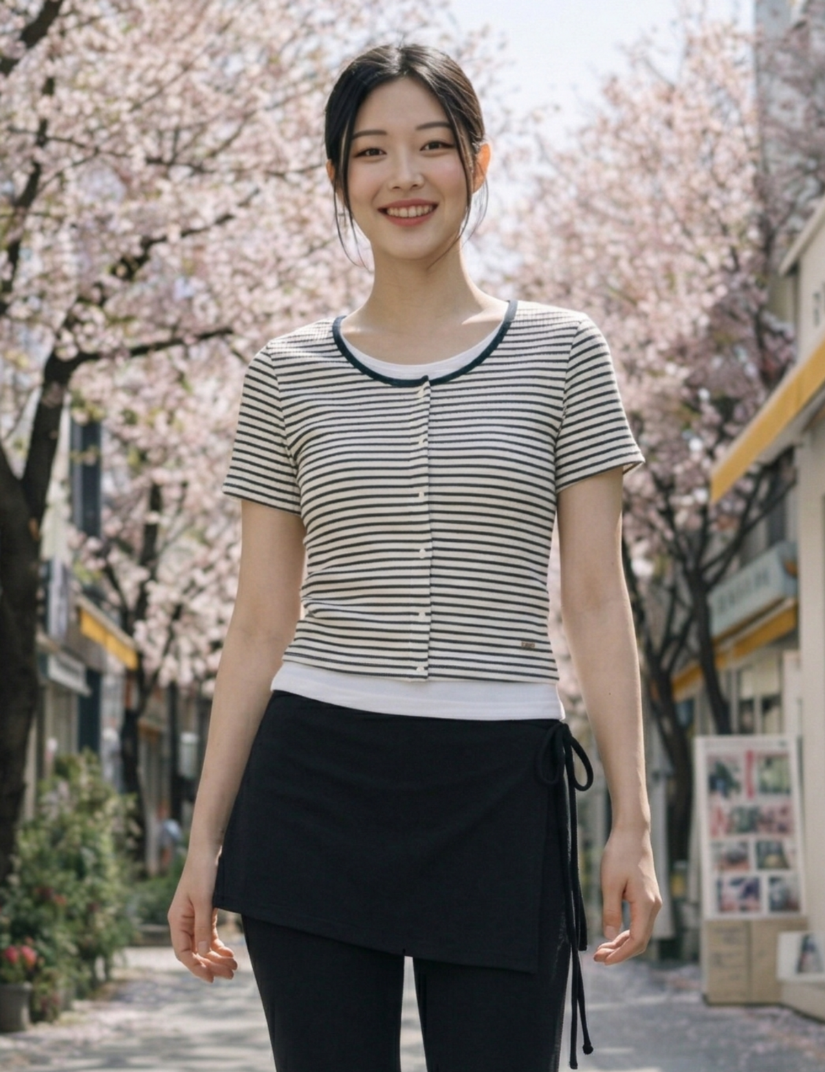 행텐(HANGTEN) 여성 스트라이프 가디건 레이어드 반팔 티셔츠_003(10570-131-411-69)