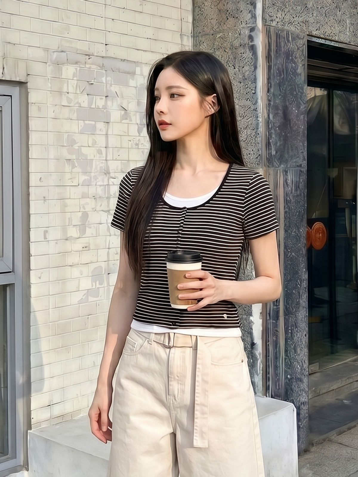 행텐(HANGTEN) 여성 스트라이프 가디건 레이어드 반팔 티셔츠_100(10570-131-411-69)