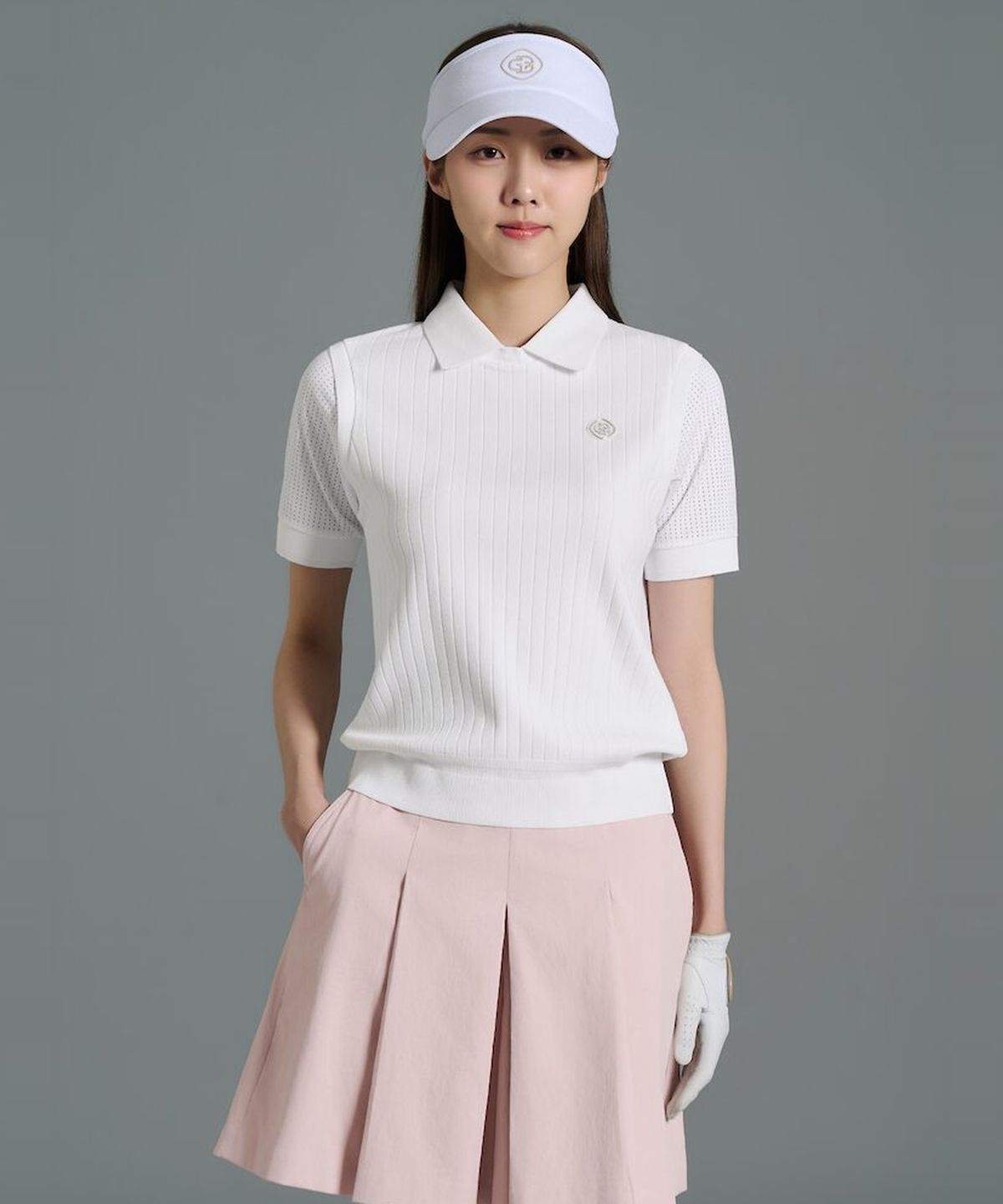 빈폴골프(BEANPOLE GOLF) [B_under] 여성 니트 하이브리드 칼라 반소매 티셔츠 - 화이트