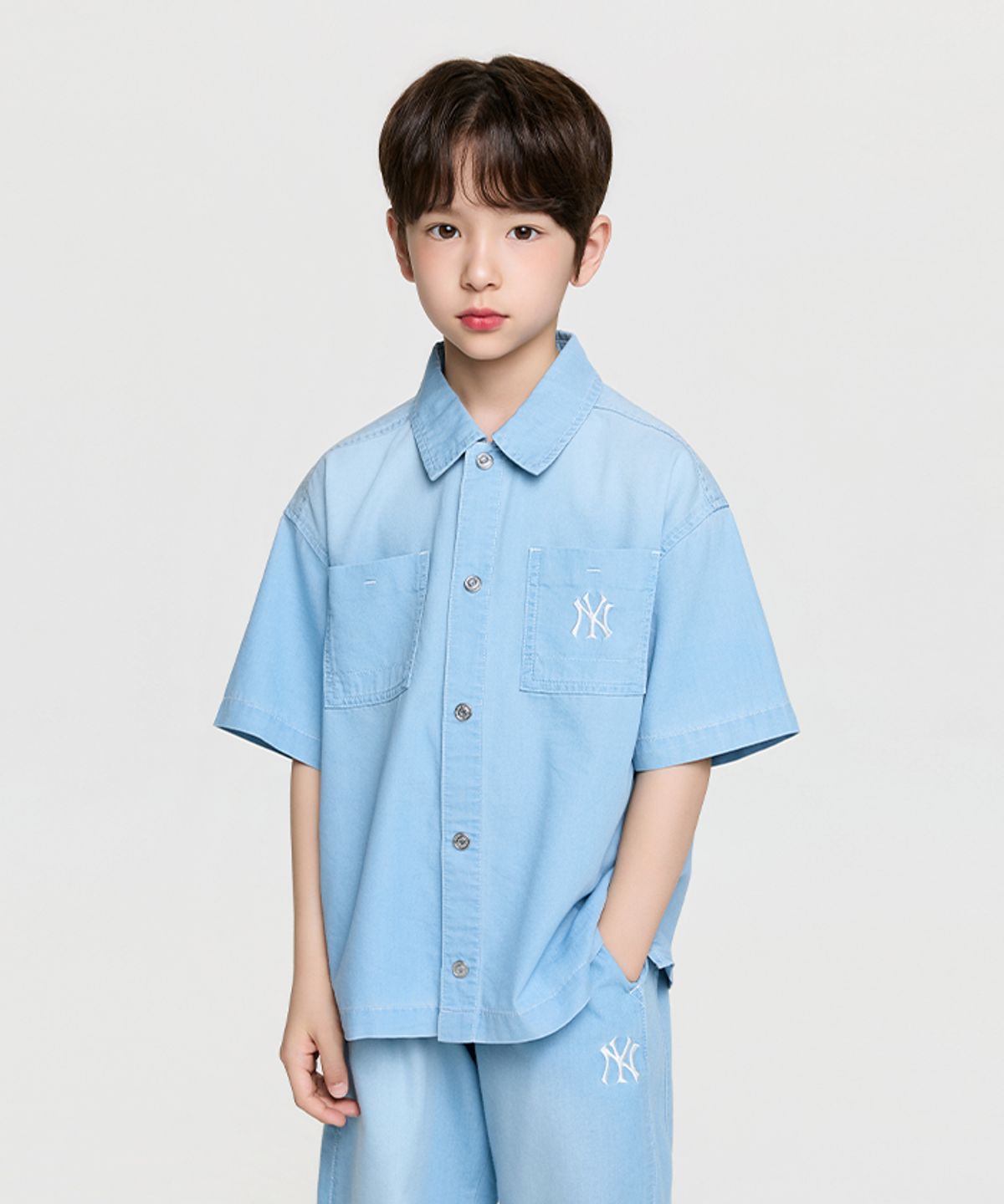 엠엘비 키즈(MLB KIDS) 베이직 쿨필드 반팔 데님 셔츠 NY (L.Blue)
