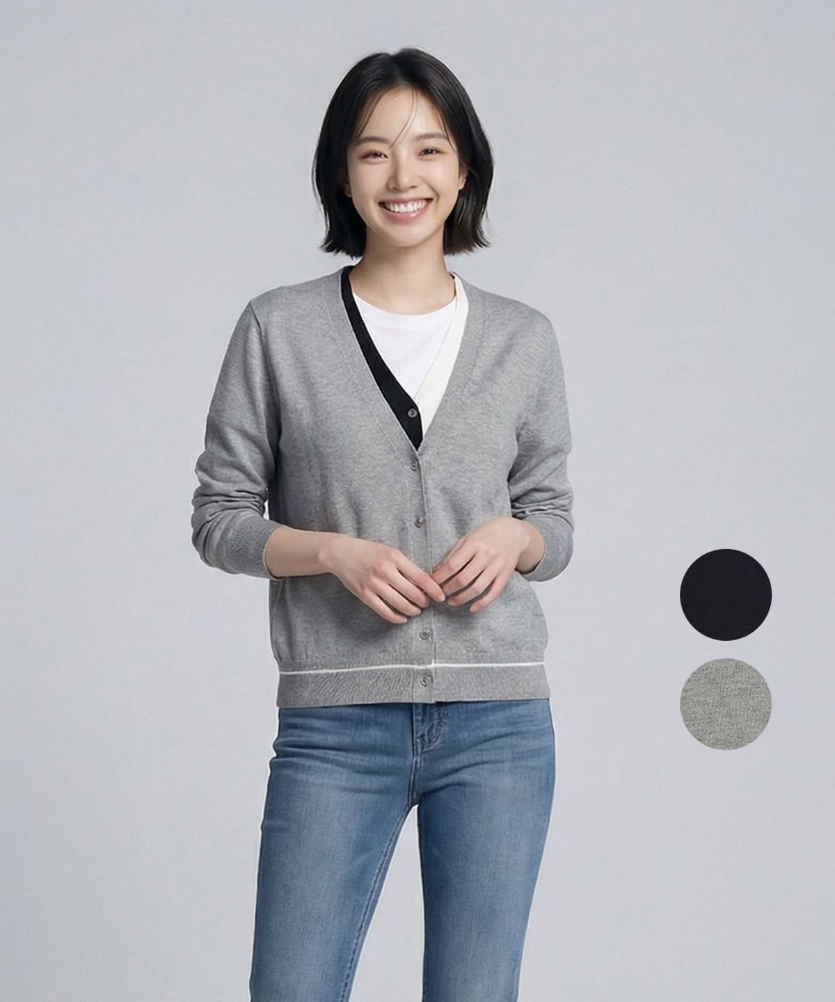 김영주 골프(KIM YOUNG JOO GOLF) 봄가을 콤보 배색 레이어드 브이넥 여성 니트 가디건 DQSLCA12