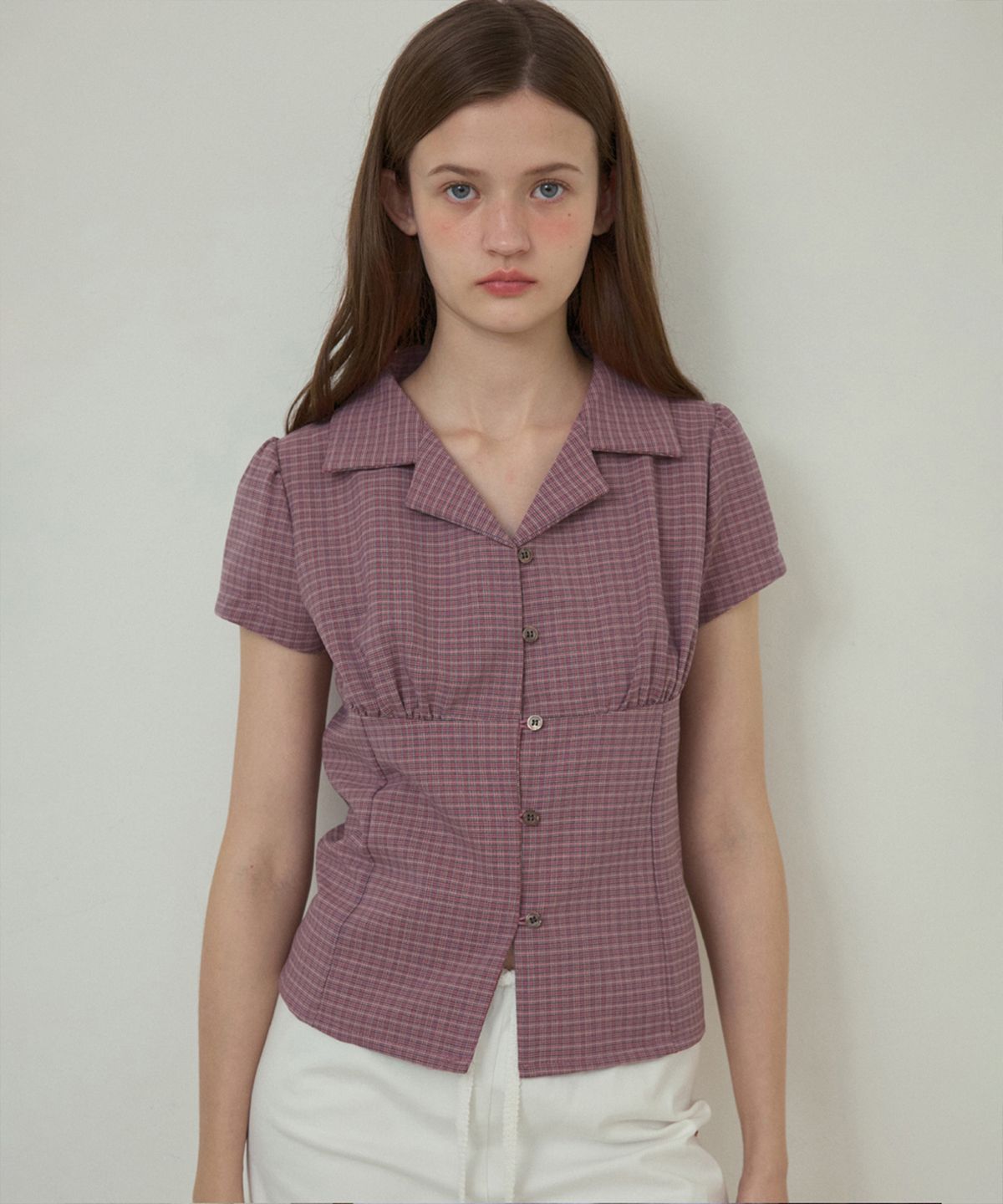 아우어노스텔지아(OURNOSTALGIA) Fitted vintage check half shirt_Pink(O25-SH04)
