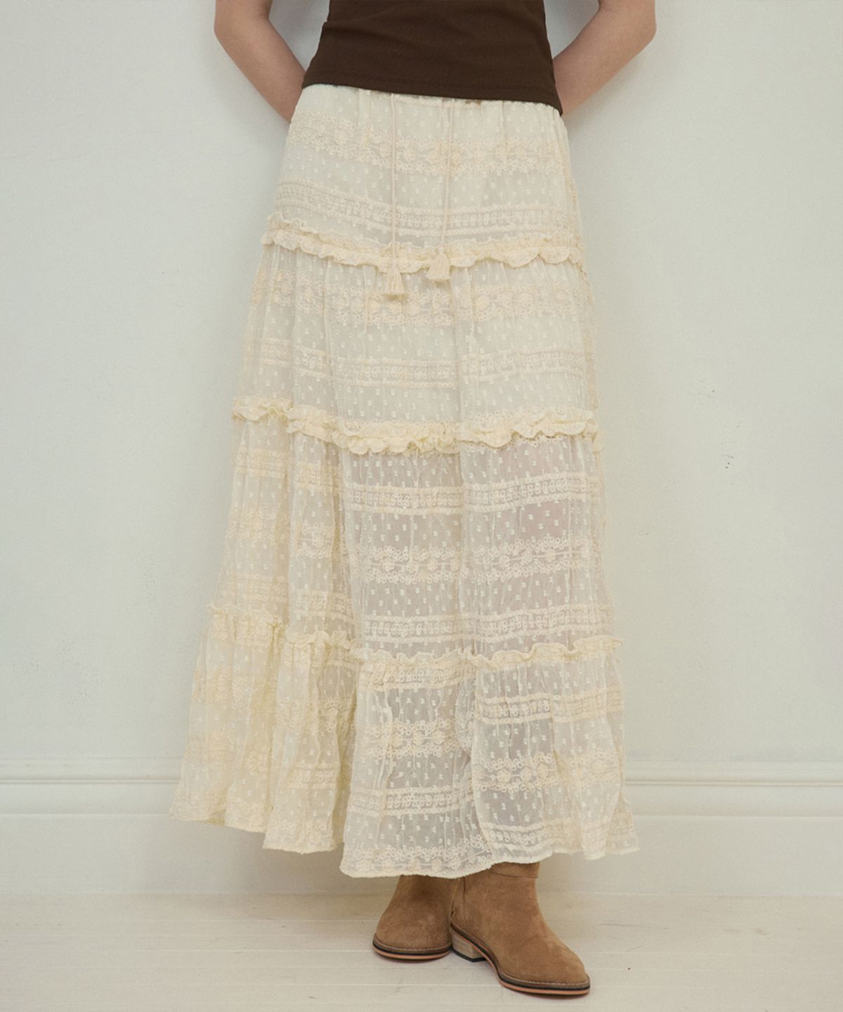아우어노스텔지아(OURNOSTALGIA) Lace shirring cancan skirt_Cream(O25-SK06)
