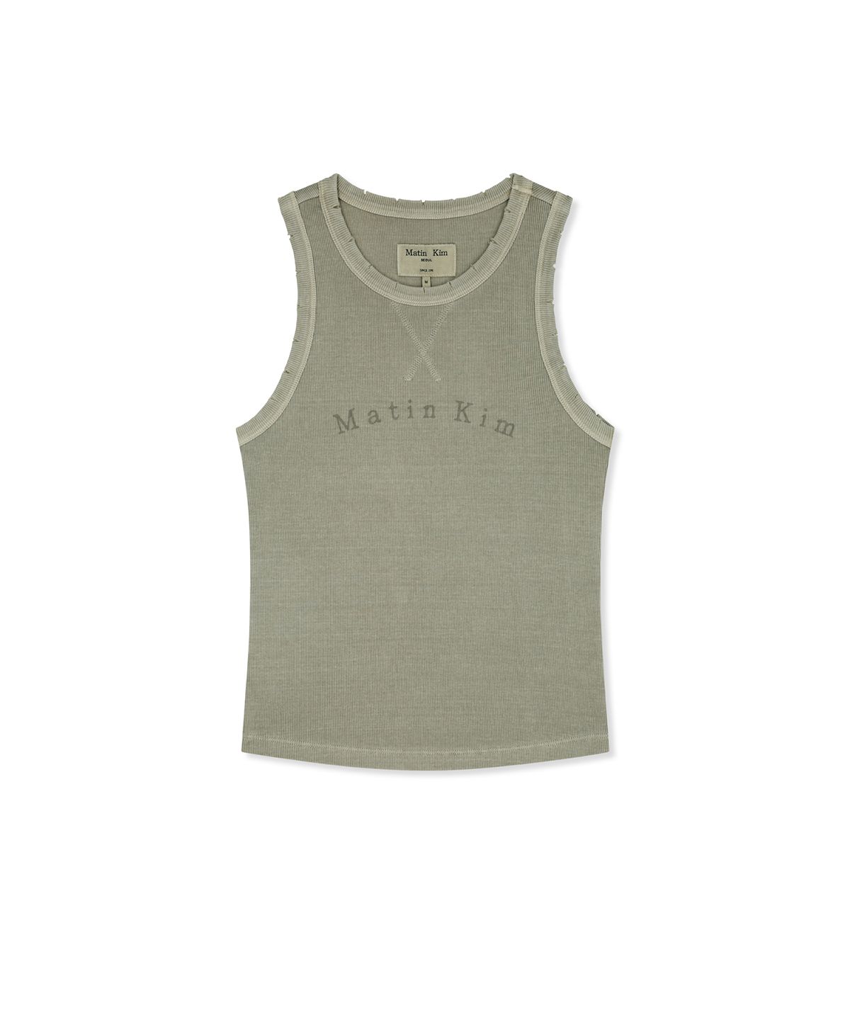 마뗑킴(MATIN KIM) DISTRESSED SLEEVELESS LOGO TOP IN BEIGE