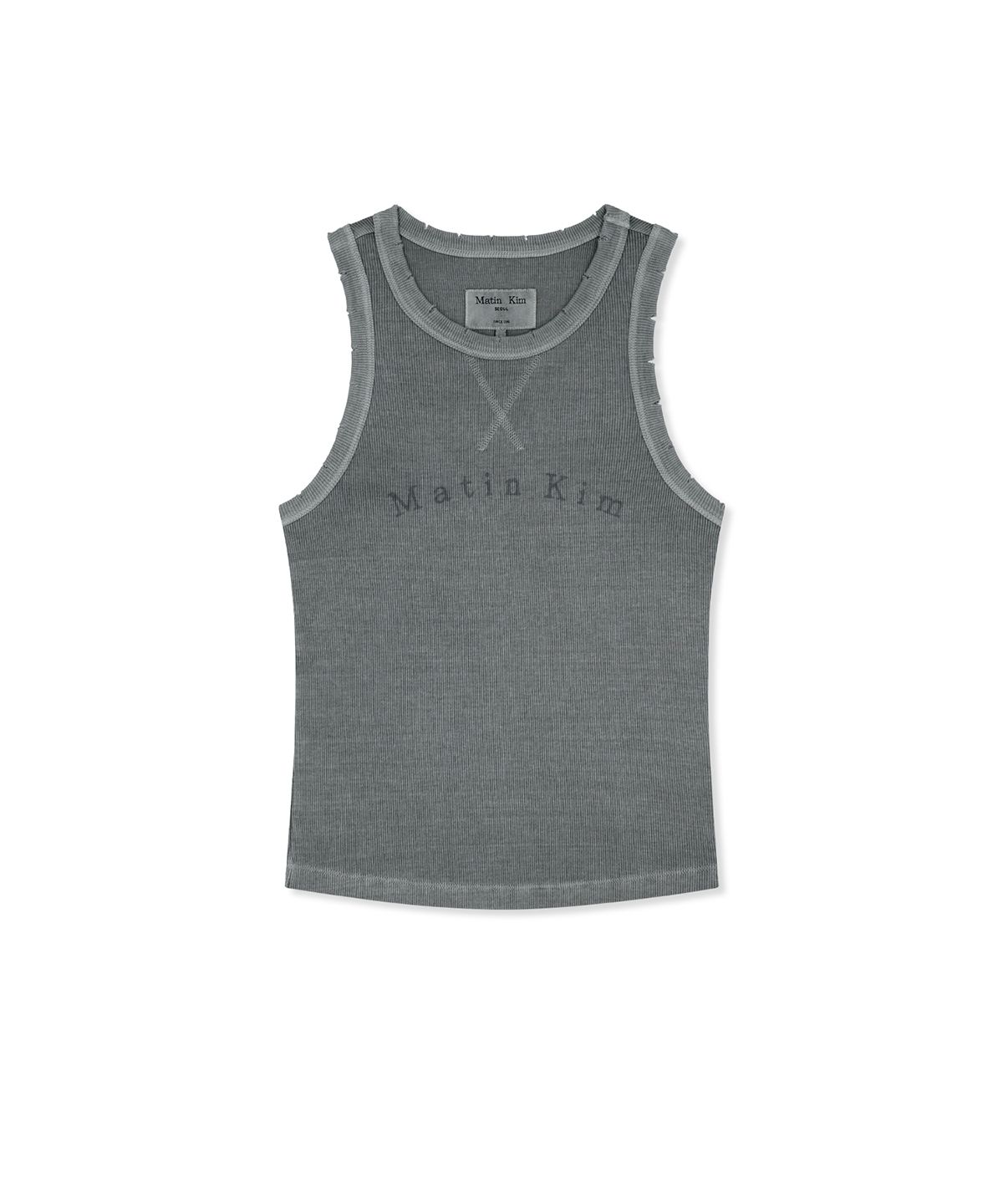 마뗑킴(MATIN KIM) DISTRESSED SLEEVELESS LOGO TOP IN LIGHT GREY