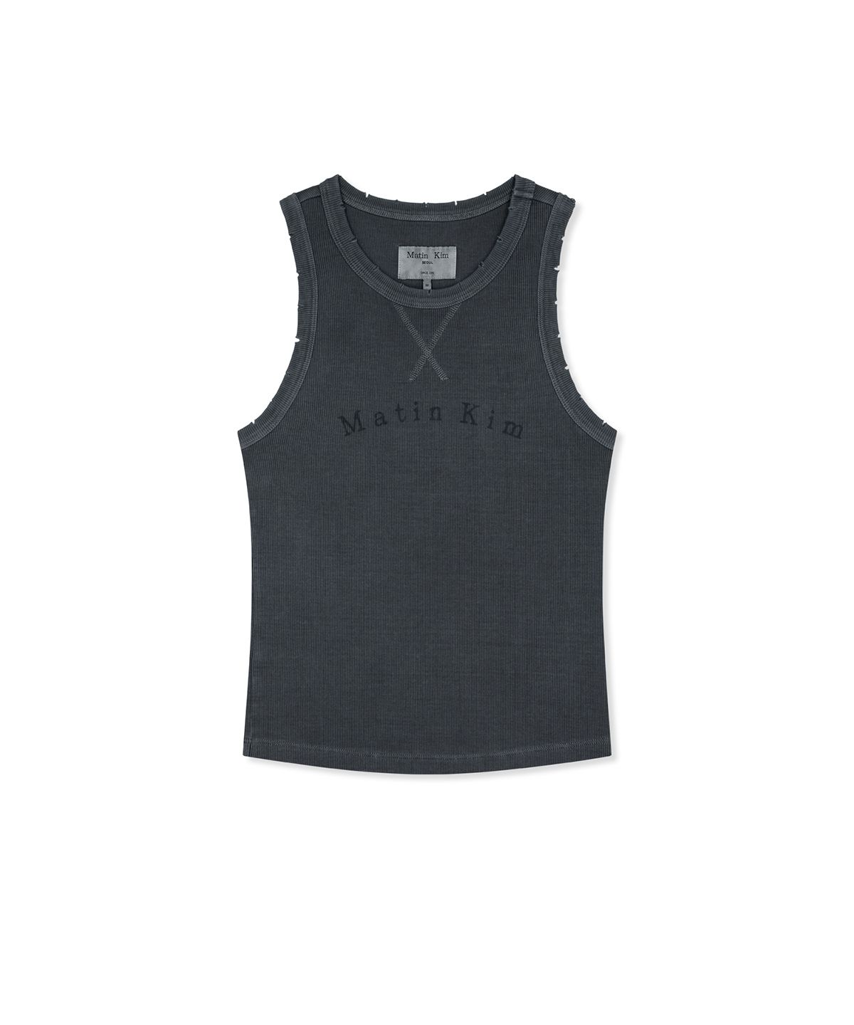 마뗑킴(MATIN KIM) DISTRESSED SLEEVELESS LOGO TOP IN CHARCOAL