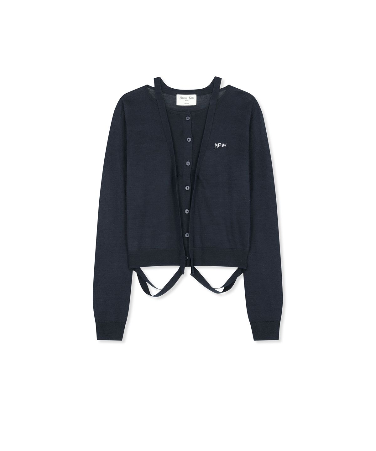 마뗑킴(MATIN KIM) STRING DETAIL KNIT CARDIGAN IN DARK NAVY