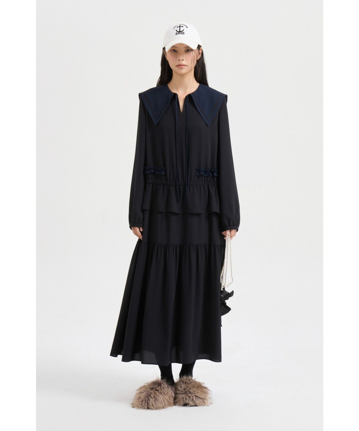럭키슈에뜨(LUCKY CHOUETTE) Sailor Collar Long Dress (black) LFDAW25270BKX