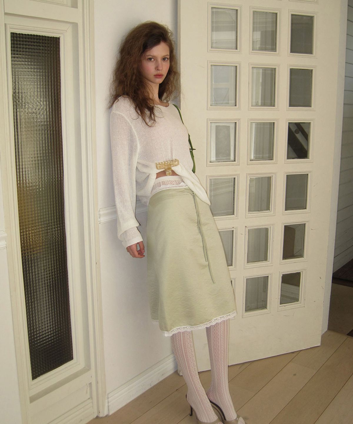 어패럴아카이브(APPAREL ARCHIVE) Easy lace satin midi skirt - Mint