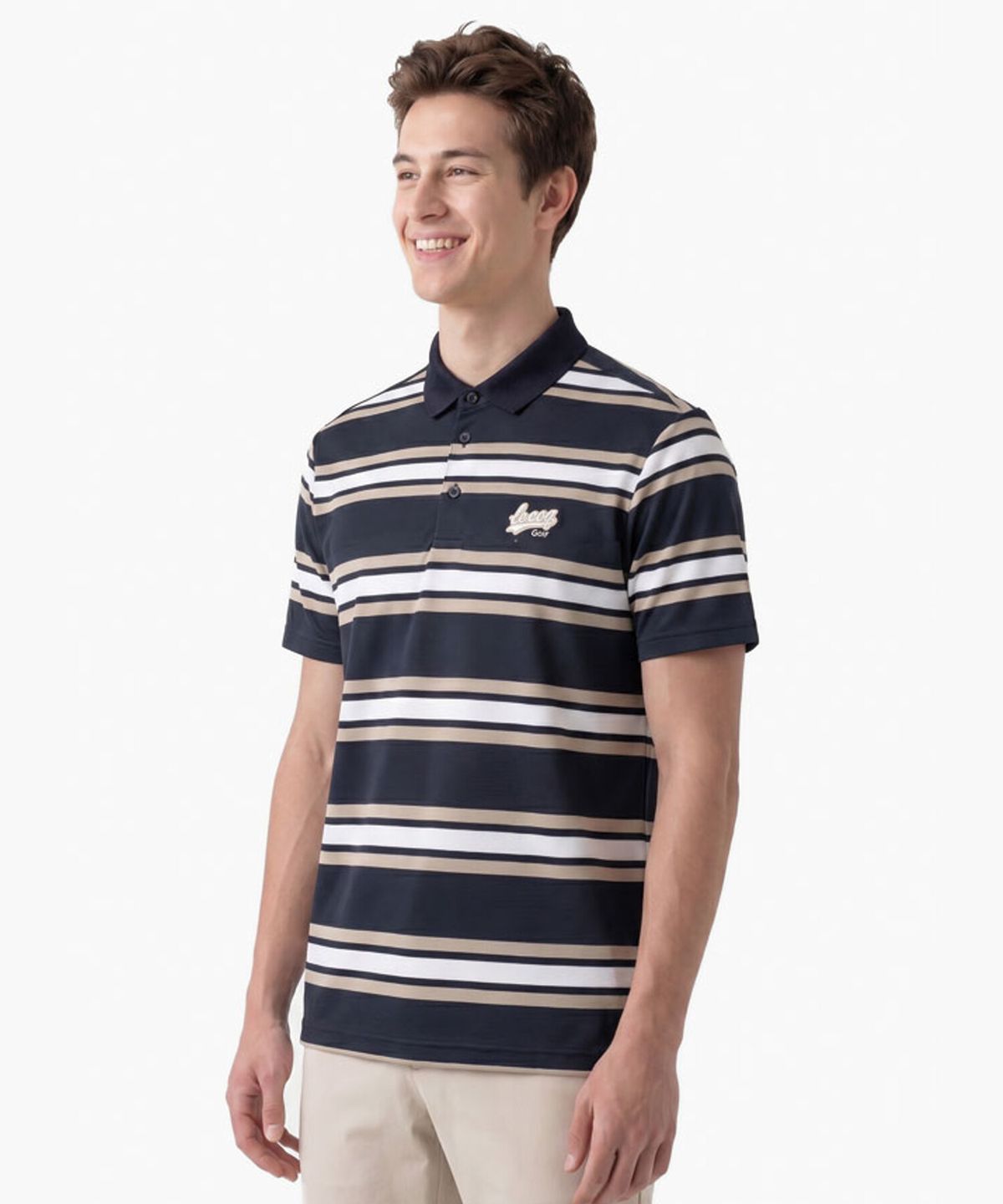 르꼬끄 골프(LECOQ GOLF) 남성 에어리 멀티 스트라이프 카라 반팔 티셔츠 _NAVY GR221MTS43