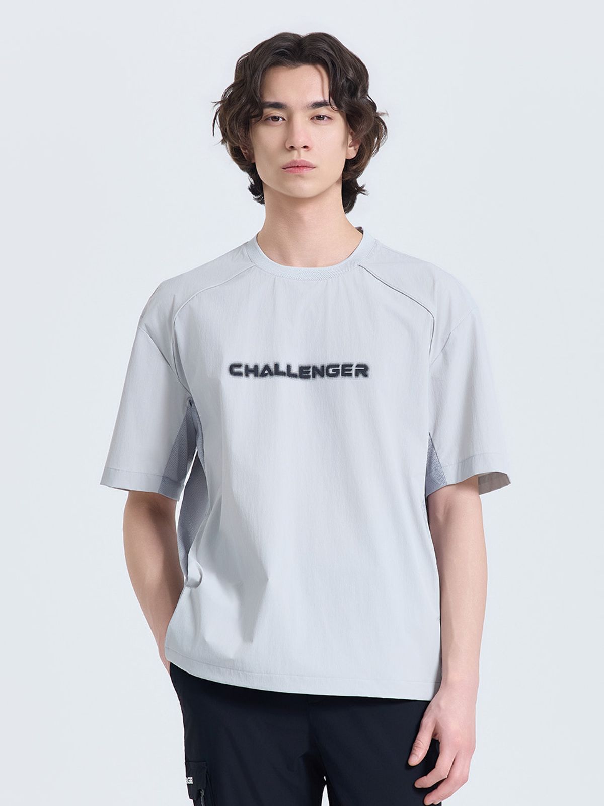 챌린저(CHALLENGER) 남성 메쉬 스트링 라운드 반팔 우븐탑 라이트그레이