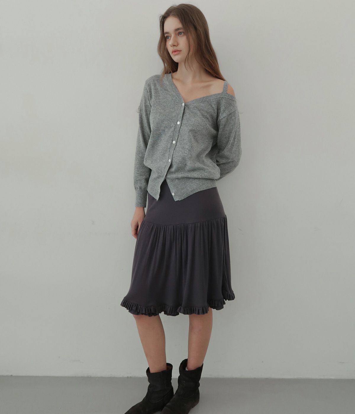 무니쉬(MOONISH) SHEER FRILL TIERED SKIRT (navy)