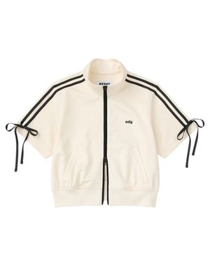 도트 리본 세미크롭 반팔 트랙 탑 크림