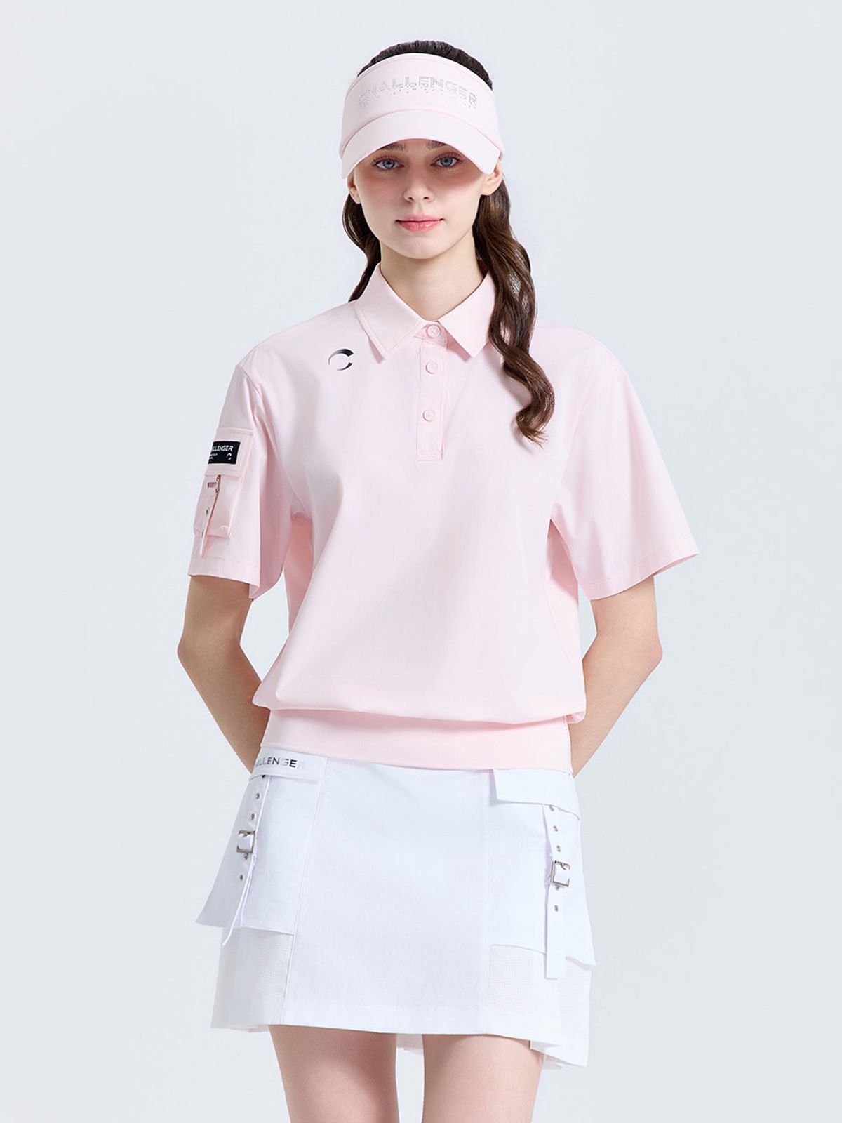 챌린저(CHALLENGER) 여성 제로라이트 등판 트임 카라 반팔 우븐탑 라이트핑크