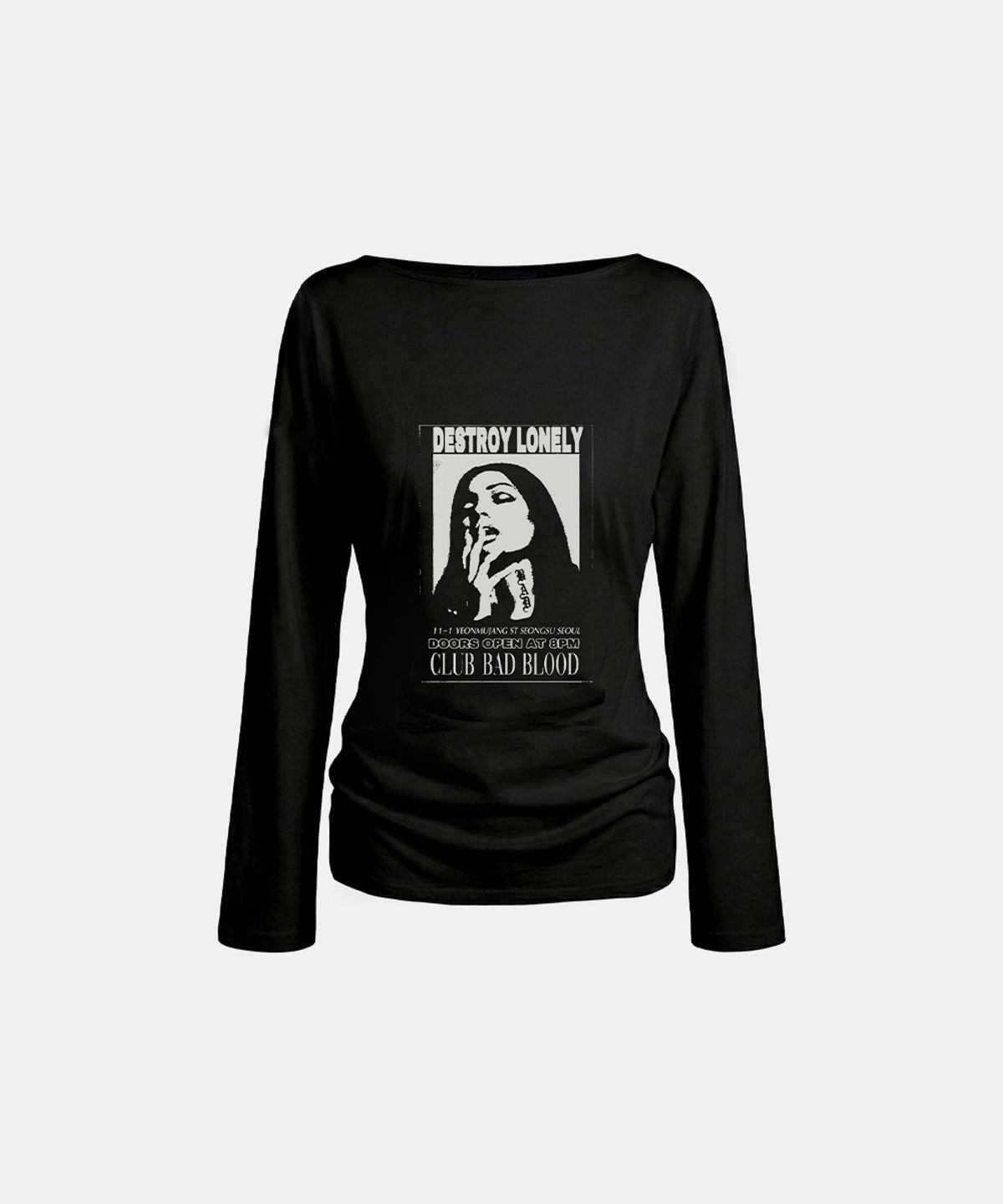 배드블러드(BADBLOOD) CLUB BAD POST Boat Neck T-Shirt - Black