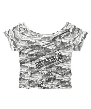 스타 카모 틸티드 ESCF 로고 콜라주 풀프린트 원숄더 반팔 티셔츠 그레이