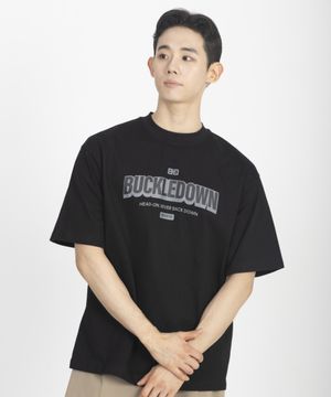 심플 오버핏 BD -1 프린티드 하프넥 티셔츠 (BLACK)