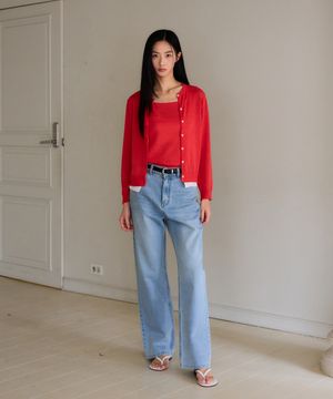 Round Cardigan & Sleeveless Knit (Red)