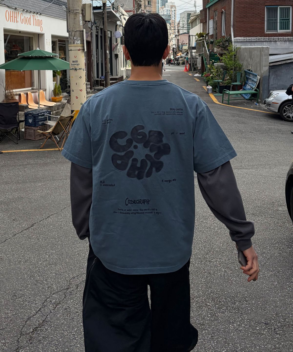 코드그라피(CGP) 라운드 C.GRAPHY 피그먼트 빅오버핏 반소매 티셔츠-그레이시 블루