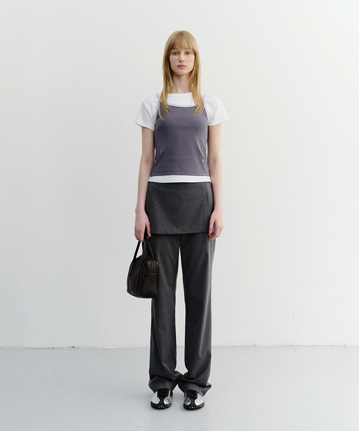 던스트(DUNST) SKIRT LAYERED SLIM PANTS_UDPA6B226_CHARCOAL GREY STRIPE
