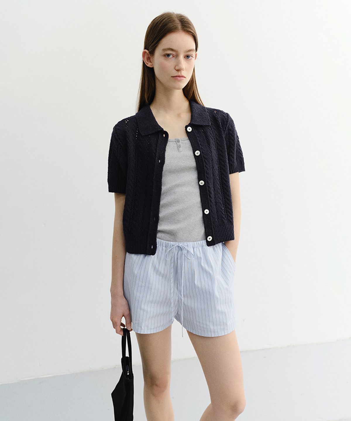 던스트(DUNST) COLLARED HALF SLEEVE CARDIGAN_UDSW6B223_NAVY