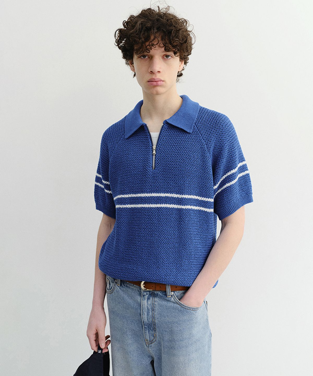 던스트 포 맨(DUNST FOR MEN) HALF ZIP-UP STRIPED POLO KNIT_UDSW6B322_BLUE