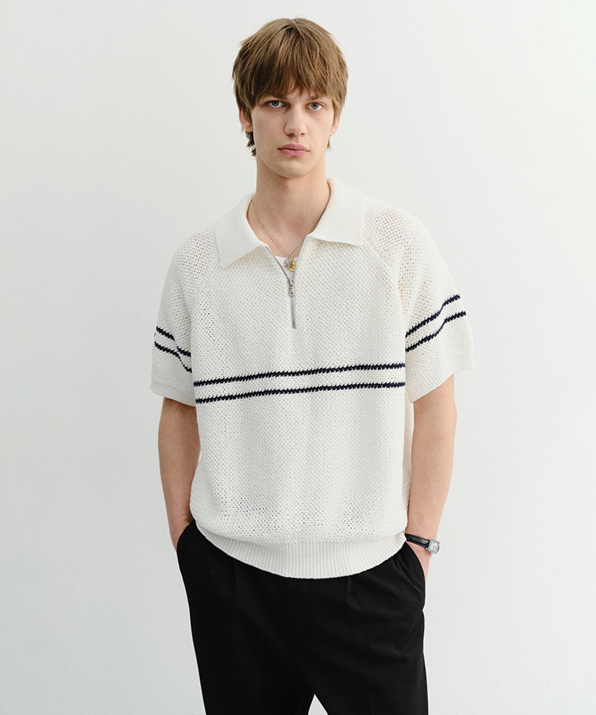 던스트 포 맨(DUNST FOR MEN) HALF ZIP-UP STRIPED POLO KNIT_UDSW6B322_WHITE