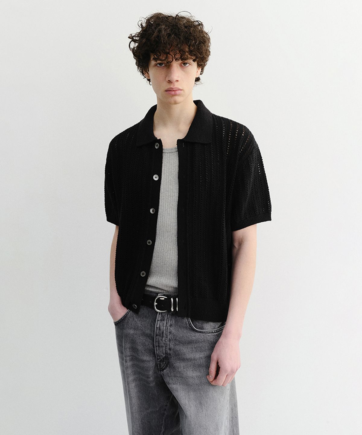 던스트 포 맨(DUNST FOR MEN) CROCHET COLLARED CARDIGAN_UDSW6B321_BLACK