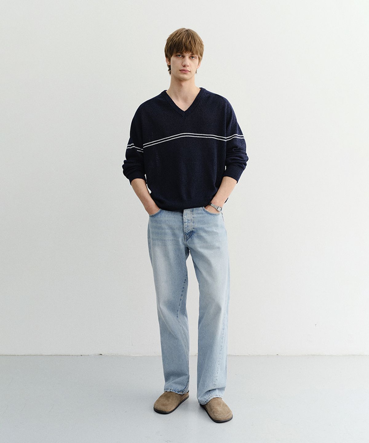 던스트 포 맨(DUNST FOR MEN) V-NECK STRIPED SWEATER_UNISEX_UDSW6B124_NAVY