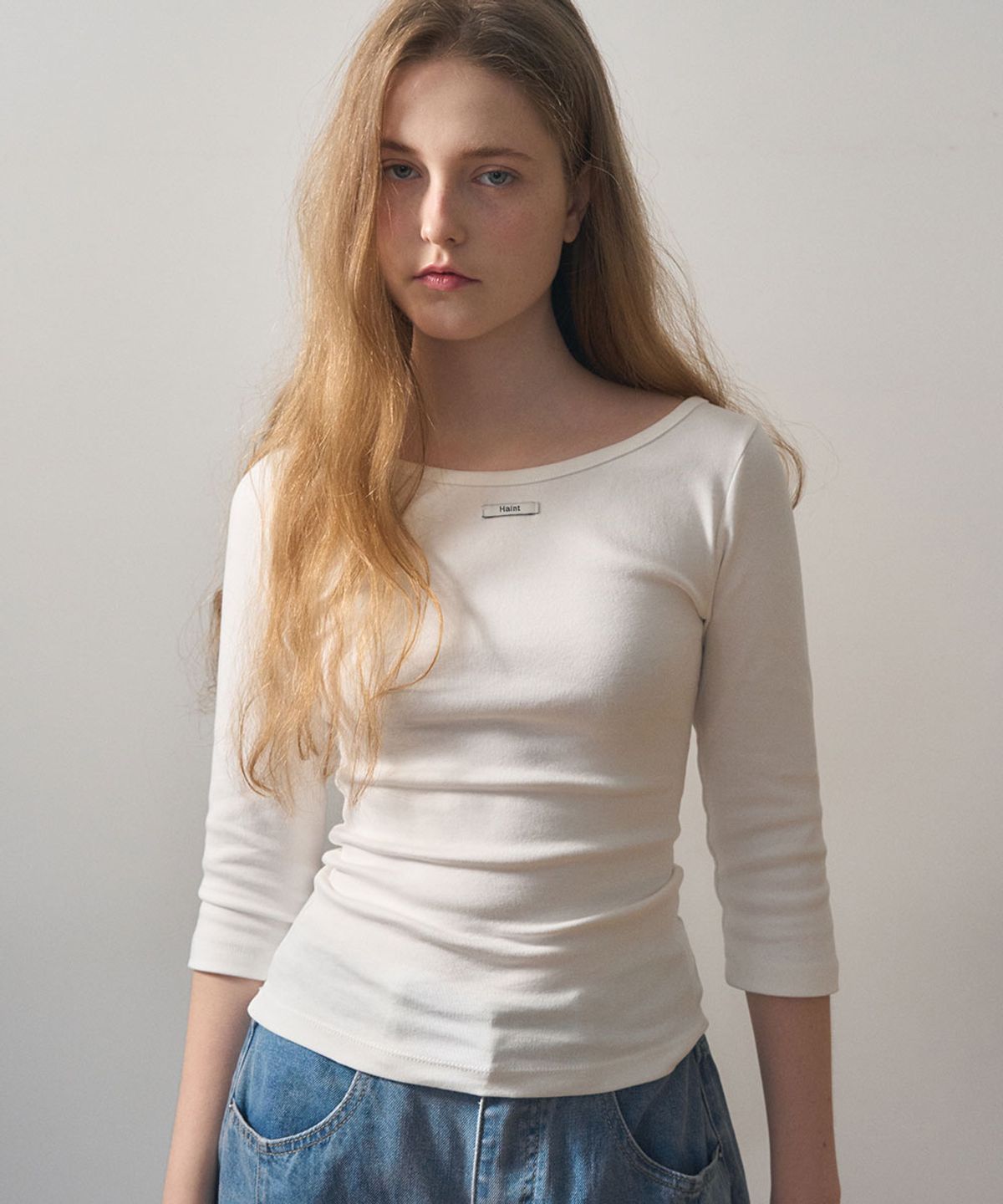 헤인트(HAINT) BOATNECK LETTER LABEL THREE-QUARTER T-SHIRT 3COL_IVORYBLACKMELON