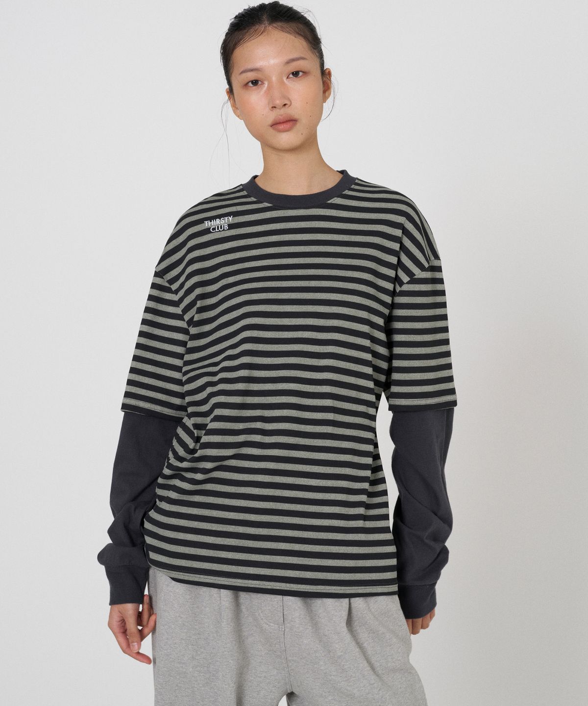 떨스티클럽(THIRSTYCLUB) Layered stripe t - Khaki