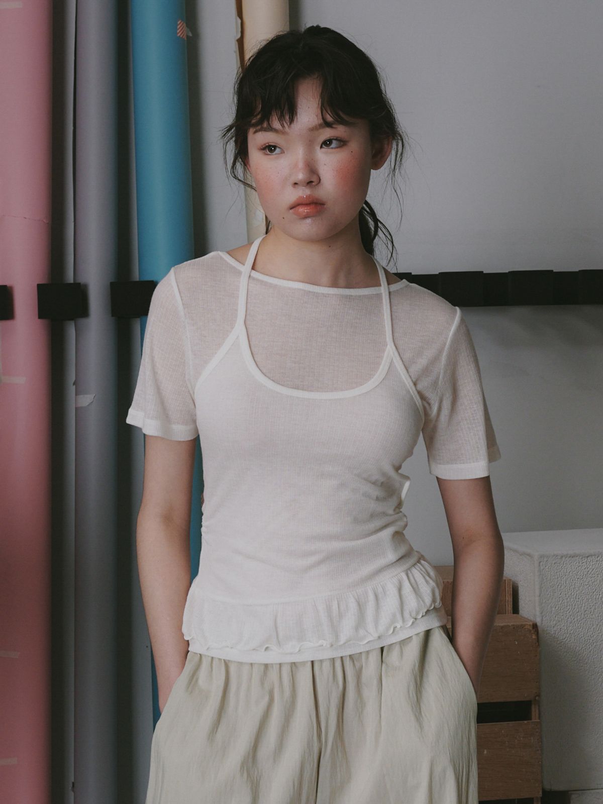 플라드주르(PLATDUJOUR) Boat neck half T-shirts (Ivory)