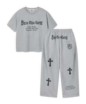 [SET]BLESS 크롭핏 반팔티셔츠 원턱 와이드 트레이닝 바지 셋업