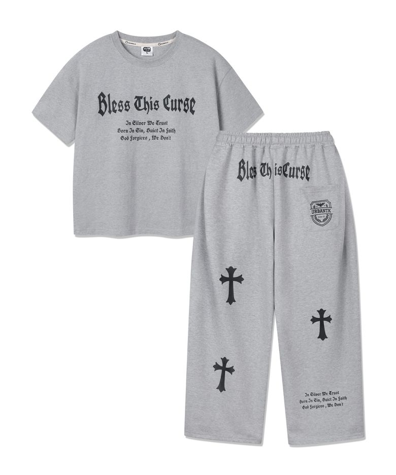 [SET]BLESS 크롭핏 반팔티셔츠 원턱 와이드 트레이닝 바지 셋업