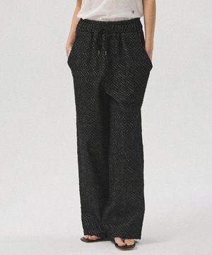 Weave Textured Denim Wide Drawstring Pants_BLACK