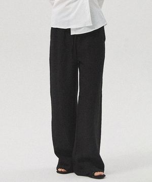 Aven Linen-Like Slub Banding Wide Straight Pants_BLACK