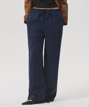 Sero Linen-Like Stripe Banding Wide Straight Pants_NAVY