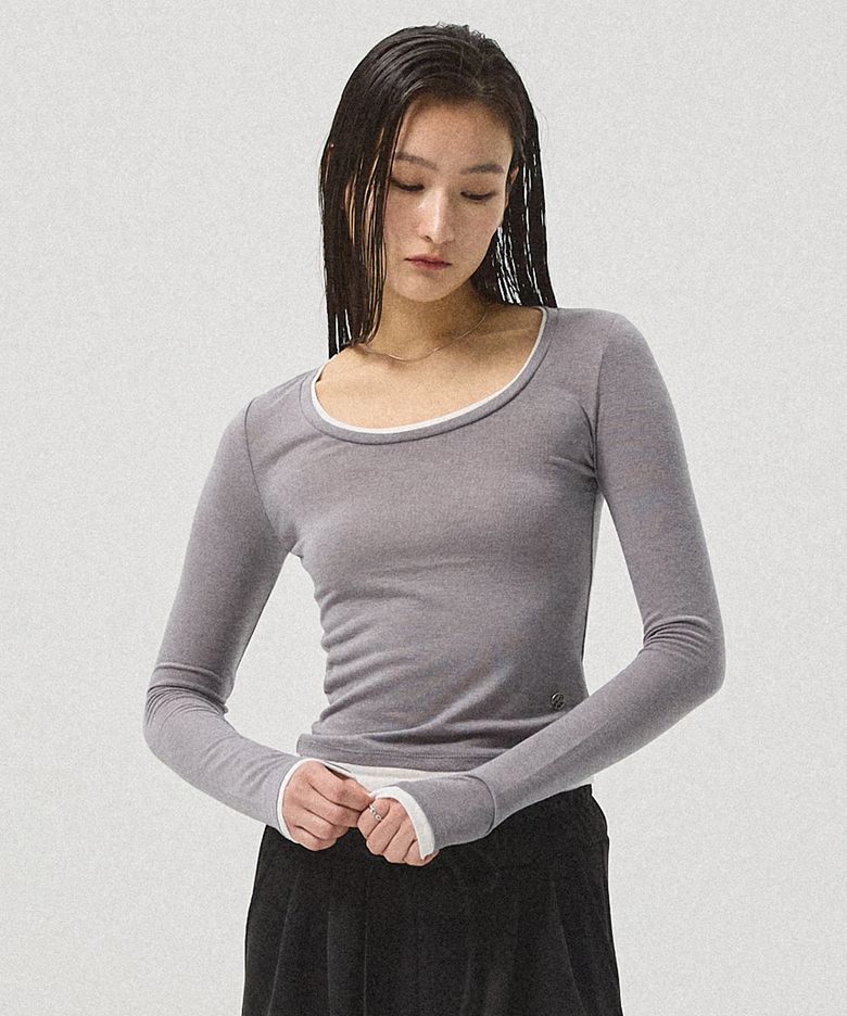 Sera Layered U-Neck Slim Tee_DARK GREY