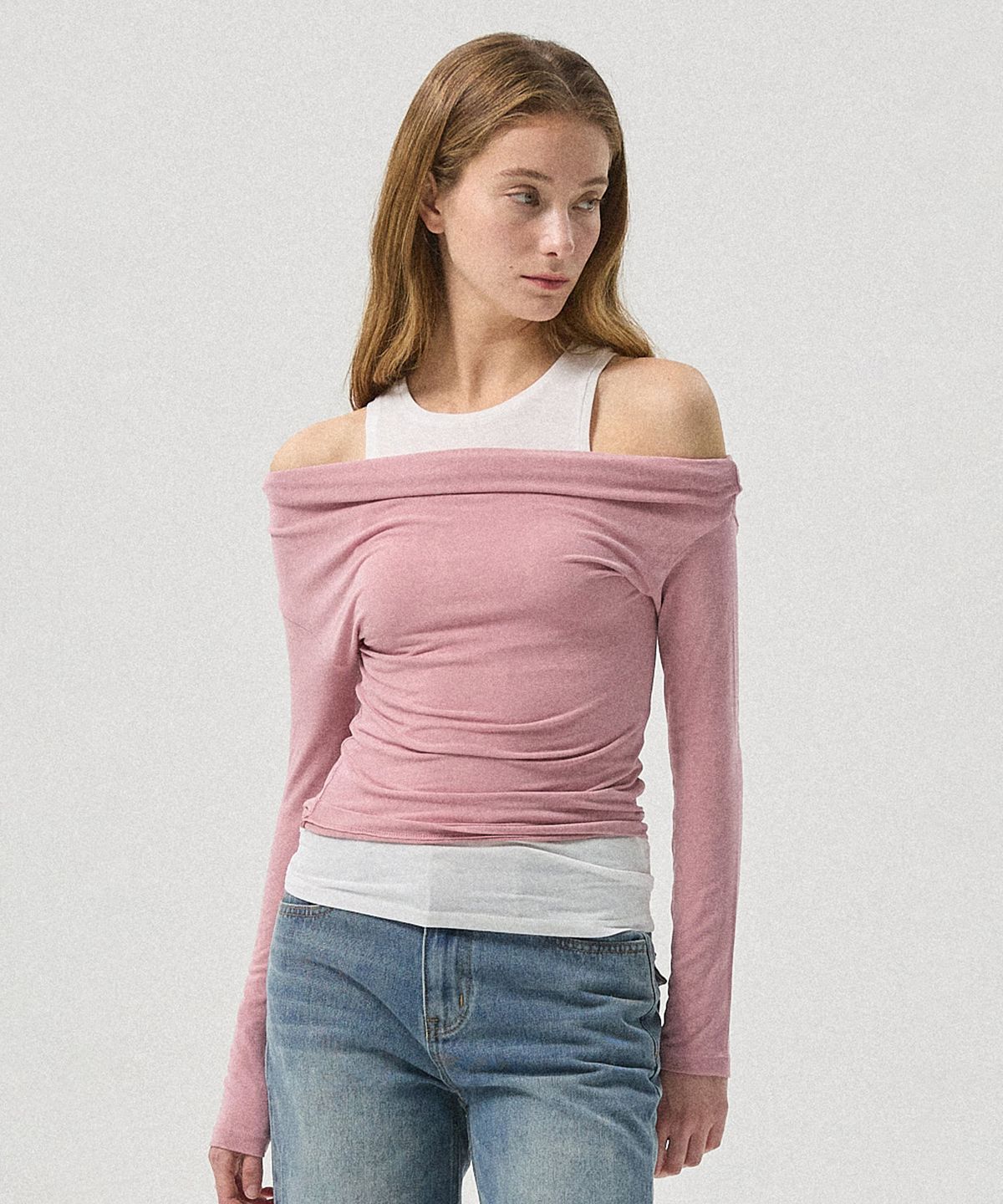 아흐레(AHRE) Nera Layered Off-Shoulder Sleeveless Tank_PINK