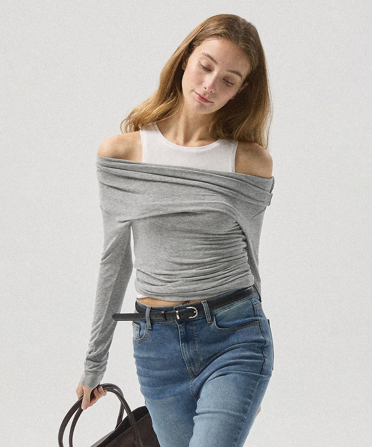 아흐레(AHRE) Nera Layered Off-Shoulder Sleeveless Tank_GREY