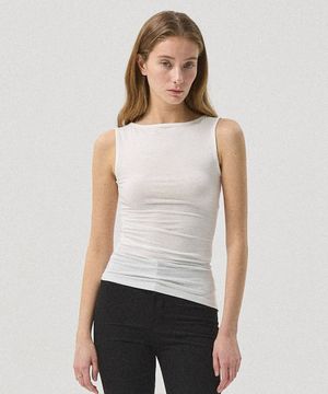 Levia Boatneck Shirring Sleeveless Top_WHITE