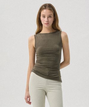 Levia Boatneck Shirring Sleeveless Top_KHAKI