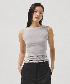 Levia Boatneck Shirring Sleeveless Top_GREY